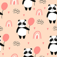 Seamless pattern with panda, balloon and rainbows. Vector illustration with pandas for the design of children's clothing, fabrics, towels. Cute bear with a rainbow.