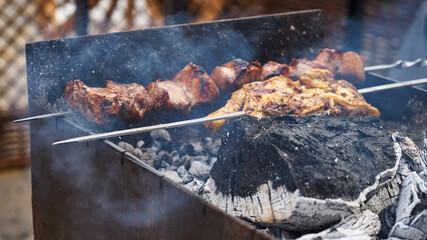 Cooking meat on fire. Traditional street food.