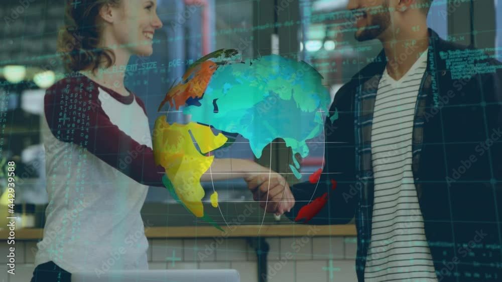 Poster animation of globe and data processing over handshake