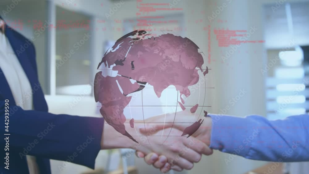 Poster animation of globe and data processing over handshake