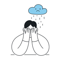 Crying girl and raining cloud. Sad mood, sadness, longing concept. Thin line isolated elegant vector illustration.