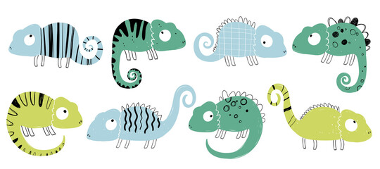 Vector hand-drawn colored childish set with chameleons in scandinavian style on a white background. Cute baby animals. Lizard. Greeting card design. Trendy scandinavian print.