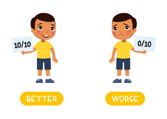 BETTER and WORSE antonyms word card, opposites concept. Flashcard for English language learning. Sad dark skin boy holds in his hand a sheet with a minimum result and a happy boy shows a maximum 