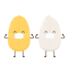 Rice character design. rice vector on white background. rice seed. Rice cartoon wearing a mask.