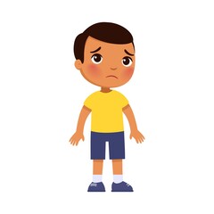 Sadness dark skin little boy flat vector illustration. Upset lonely child standing alone cartoon character. Dark skin kid in bad mood, person unhappy expression