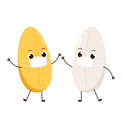 Rice character design. rice vector on white background. rice seed. Rice cartoon wearing a mask.