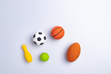 Set of erasers with football sports figures on a white background.