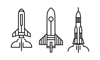 Vector rocket design with outline style prepares to launch into space. this emblem has a strong and simple character. minimalist design for logo and illustration needs.