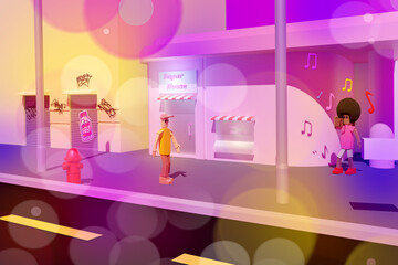 3D render of street with walls in graffiti and two people listening to music