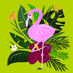 Tropical inspiration art with pink flamingo, tropical flowers and plants on yellow with green background