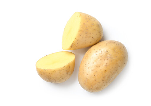 Flat Lay Of Fresh Potatoes With Cut In Half Isolated On White Background.