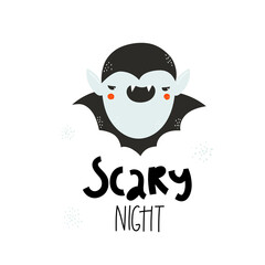 Scary night lettering. Cute smiling vampire. Happy Halloween. Vector cartoon spooky character. Vector design for greeting card and invitation of seasonal fall holidays, halloween.