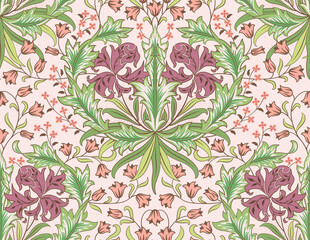 Floral seamless pattern with big and small red flowers on light pink background. Vector illustration.