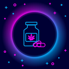 Glowing neon line Medical bottle with marijuana or cannabis leaf icon isolated on black background. Mock up of cannabis oil extracts in jars. Colorful outline concept. Vector