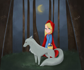 Bitmap illustration. a fairy tale, little red riding hood. a picture for a book. a children's...