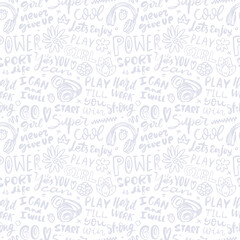 Seamless pattern with flowers, headphones and sports text. Girly gray background with lettering, sport phrases: go girl, hard work, super cool. Design for kids textiles, motivation phrase, slogan.