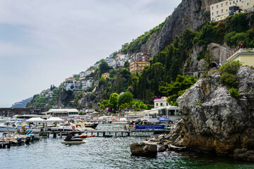 Amalfi port and beach view on a summer day, Amalfitan Coast, Salerno, Campania, Italy