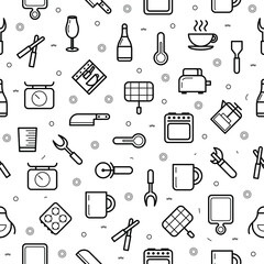 Seamless Pattern Abstract Doodle Collection Kitchen Cooking Bottle Knife Thermometer Fork Ladle Cutting Board Glass Cup Kitchen Stove Logo Vector Symbol Icon Design Style