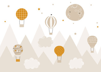 Vector children hand drawn doodle mountain illustration in scandinavian style. Mountain landscape, clouds, air balloons and cute moon. Kids wallpaper. Mountainscape, baby room design, wall decor. - obrazy, fototapety, plakaty