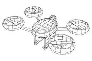 Drone flying with action video camera. Wireframe low poly mesh vector illustration