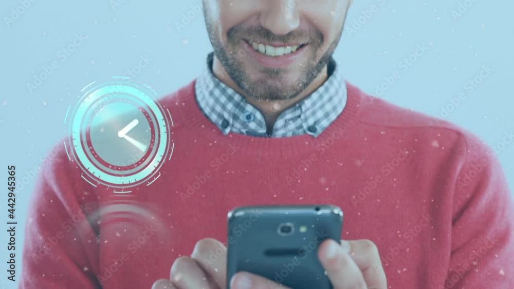 Poster animation of clock moving fast over man using smartphone
