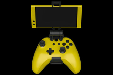 Realistic yellow joystick for playing games on mobile phone on black background