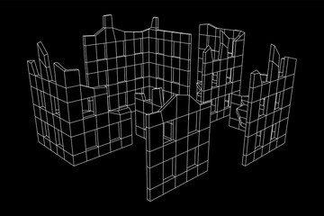 Destroyed building ruin and concrete, war destruction concept. Wireframe low poly mesh vector illustration.