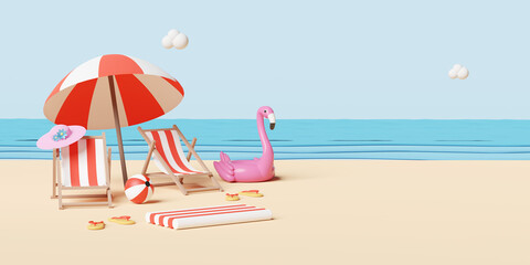 summer sea beach and island with beach chair,umbrella,ball,Inflatable flamingo,cloud,sandals,starfish,rubber raft isolated landscape background concept ,3d illustration or 3d render