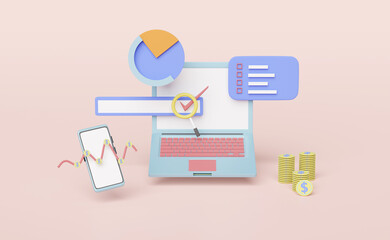 Laptop with charts and graph, analysis business financial data,dollar coins, Online marketing isolated on pink pastel background ,3d illustration or 3d render