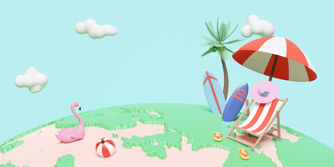 Naklejka premium summer travel around the world concept with beach chair,ball,umbrella,inflatable flamingo,coconut tree,hat,surfboard ,3d illustration or 3d render