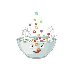 Vector Cereal Bowl, Cartoon Face, Breakfast Illustration, Bowl Isoalted on White Background.
