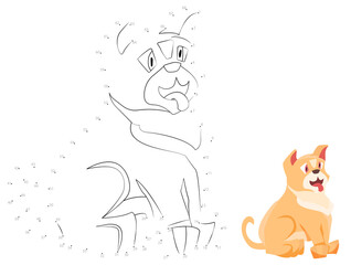 Point-to-point game. Draw a line. Dog. For kids. Worksheet. Coloring book. Cartoon character