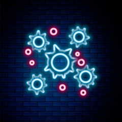 Glowing neon line Bacteria icon isolated on brick wall background. Bacteria and germs, microorganism disease causing, cell cancer, microbe, virus, fungi. Colorful outline concept. Vector