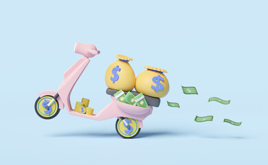 cartoon scooter transport bag money,banknote,coin isolated on pink background.Quick credit approval or loan approval concept isolated on pink pastel background,3d illustration or 3d render