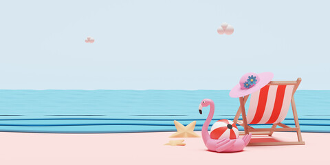 Fototapeta na wymiar summer beach and sky with beach chair, ball ,Inflatable flamingo,hat,starfish,landscape background concept ,3d illustration or 3d render