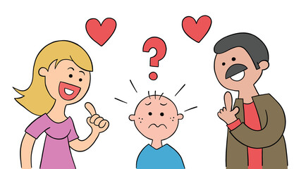 Cartoon mom and dad ask their kid which he likes more and kid is very confused, vector illustration
