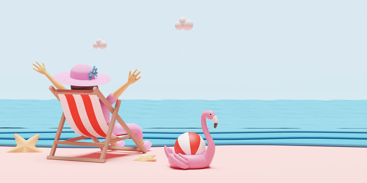 Character cartoon woman on summer beach and sky with beach chair, ball ,Inflatable flamingo,hat,starfish,landscape background or travel concept ,3d illustration or 3d render