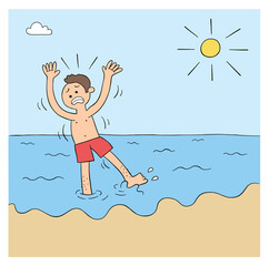 Cartoon man can't swim and is afraid of the sea, vector illustration