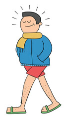 Cartoon man dressed in interesting outfit, coat, under shorts and slippers, vector illustration