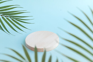 wooden podium for cosmetic product , palm tree leaves blue background 