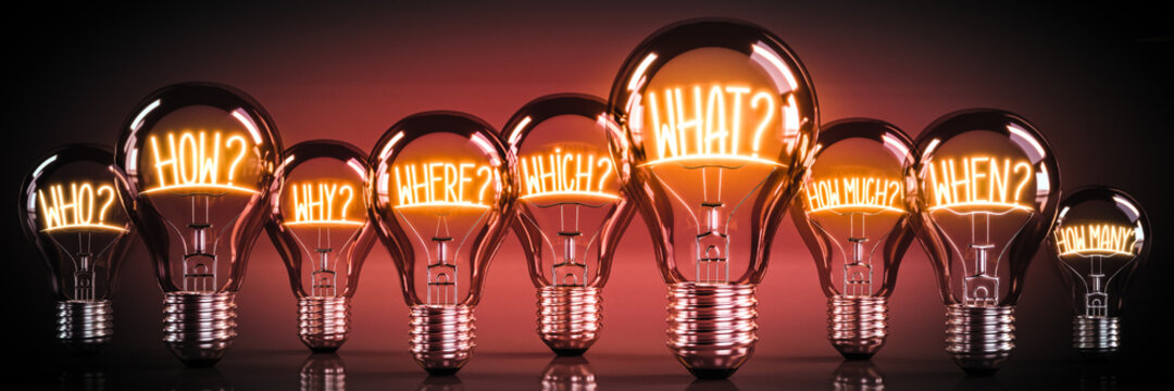 Questions concept - shining light bulbs - 3D illustration
