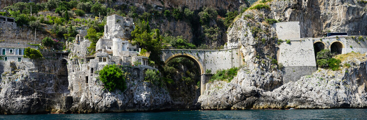 Furore Fjord frontal view from Mediterranean sea, Amalfi Coast, Salerno, Campania, Italy - obrazy, fototapety, plakaty