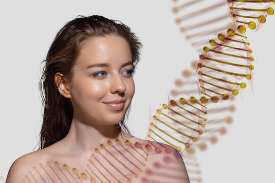 DNA stems and beautiful female face in double exposure over gray background. Science of beauty concept