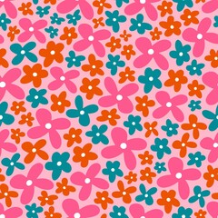 Floral seamless vector pattern with bright hand-drawn flowers on a pink background. For textile, print, package design, any backgrounds.	
