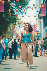 black woman in the street looking around 