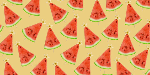 Watermelon background. Watermelon slices on a stick with a star from an apple top view. Fruit pattern. Banner. Christmas tree made of food. Summer Christmas