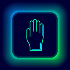 Obraz premium Glowing neon line Medical rubber gloves icon isolated on black background. Protective rubber gloves. Colorful outline concept. Vector