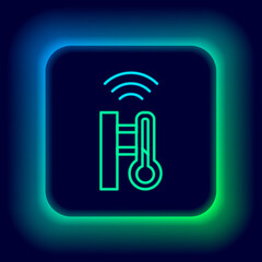 Glowing neon line Smart meteorology thermometer measuring system icon isolated on black background. Internet of things concept with wireless connection. Colorful outline concept. Vector