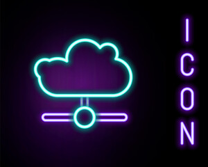 Glowing neon line Network cloud connection icon isolated on black background. Social technology. Cloud computing concept. Colorful outline concept. Vector