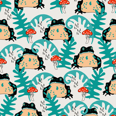 seamless pattern with cartoon frog and leaves